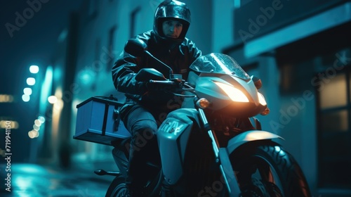 A man riding a motorcycle down a street at night. Suitable for automotive and transportation themes © Fotograf
