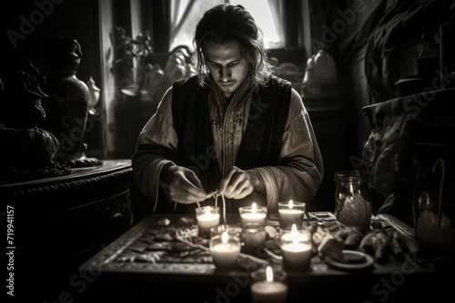 A man sitting at a table with candles. Suitable for various themes and occasions