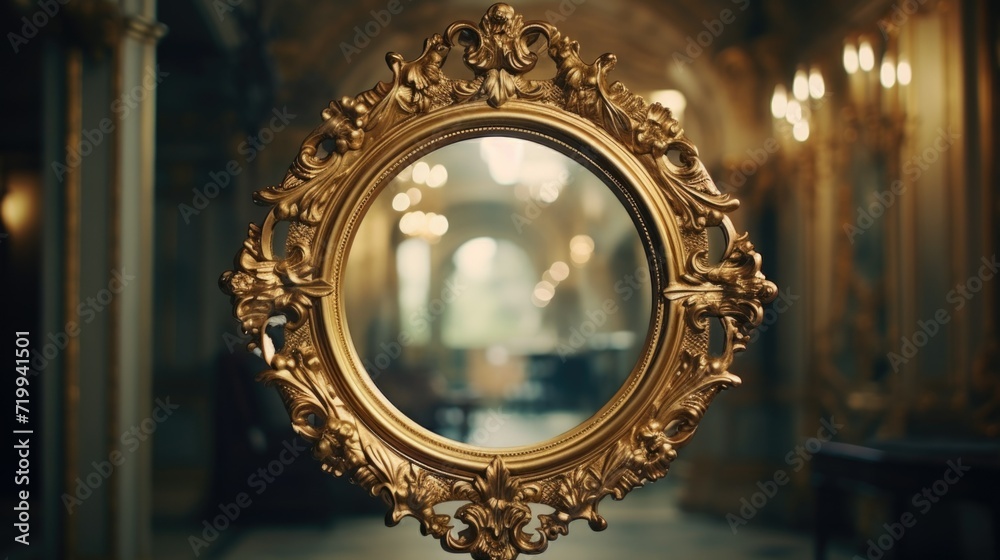 A gold framed mirror is placed in a hallway, adding an elegant touch to the space. This picture can be used for interior design or home decor themes - obrazy, fototapety, plakaty 