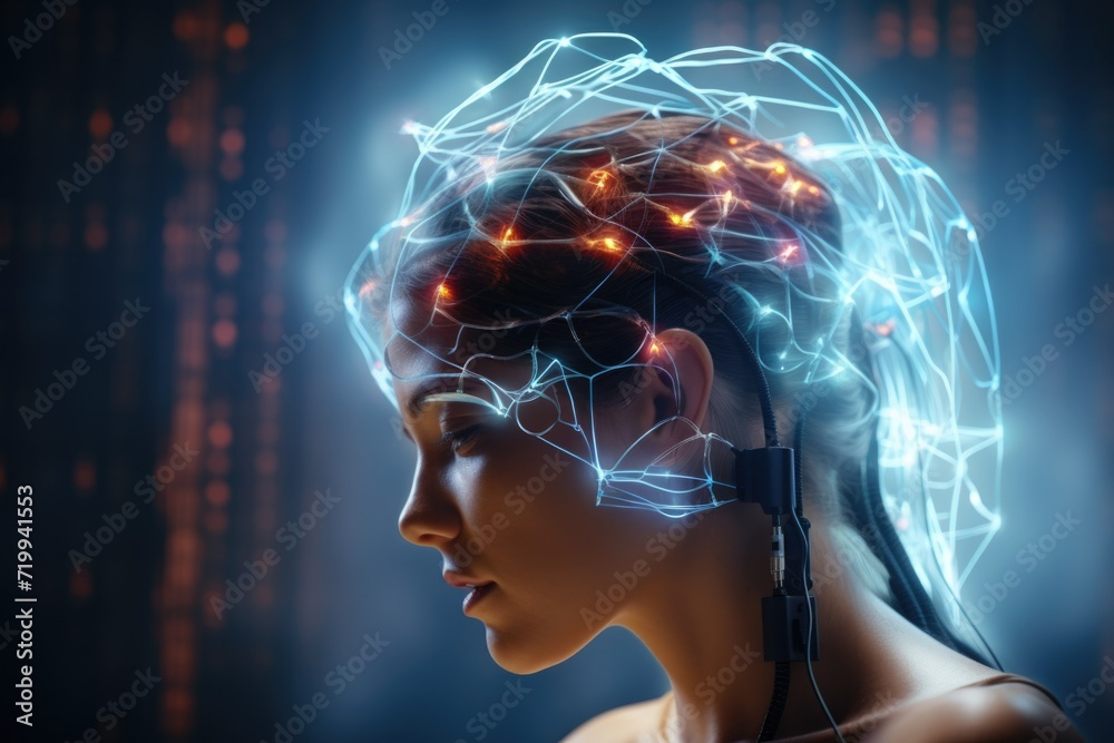 Obraz premium A woman's head with glowing wires forming the shape of a brain. Ideal for science, technology, and futuristic concepts