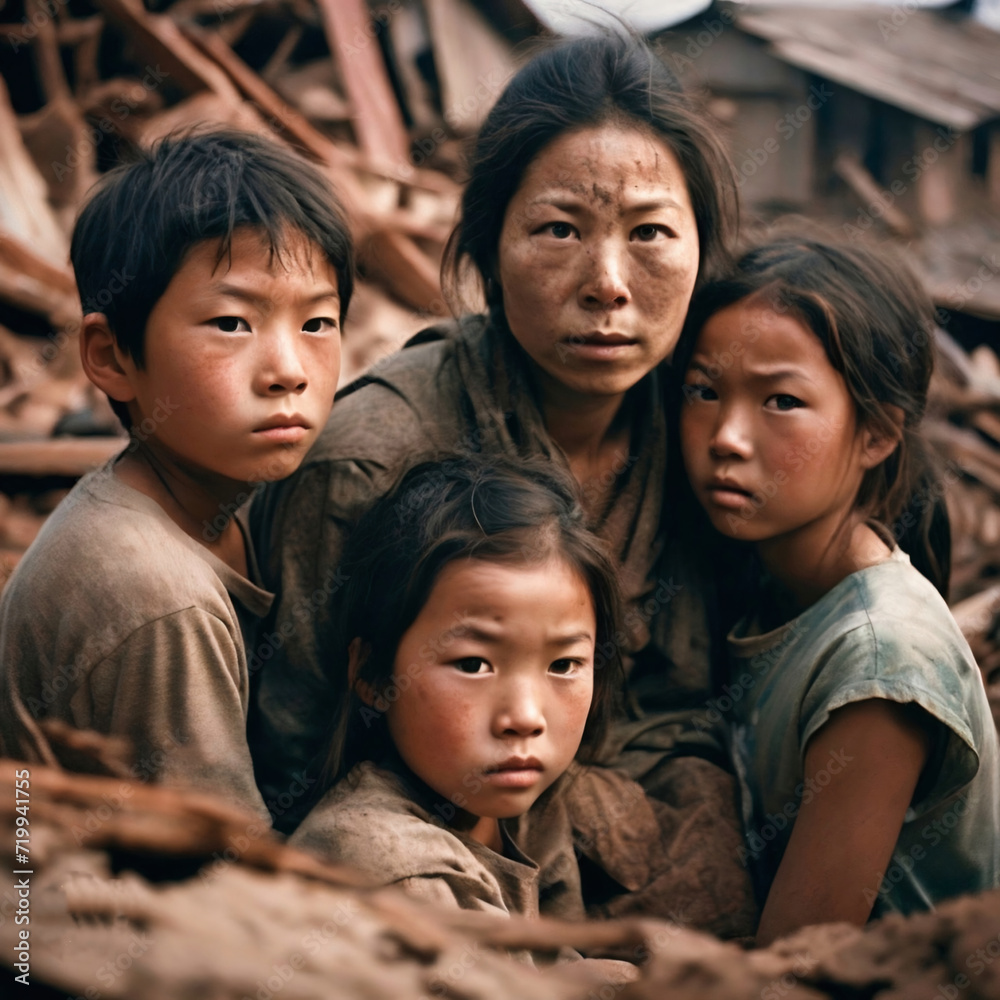 An Asian mother and her children, stuck among the ruins, look on with fear and sadness. Effects of wars and natural disasters on human beings