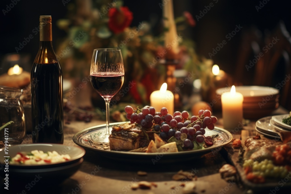 A picture of a plate of food and a glass of wine on a table. Suitable for restaurant menus or food and beverage promotions