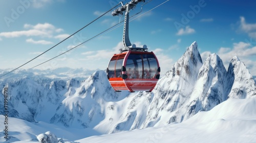 A gondola glides over a majestic snowy mountain range. Perfect for travel and adventure themes