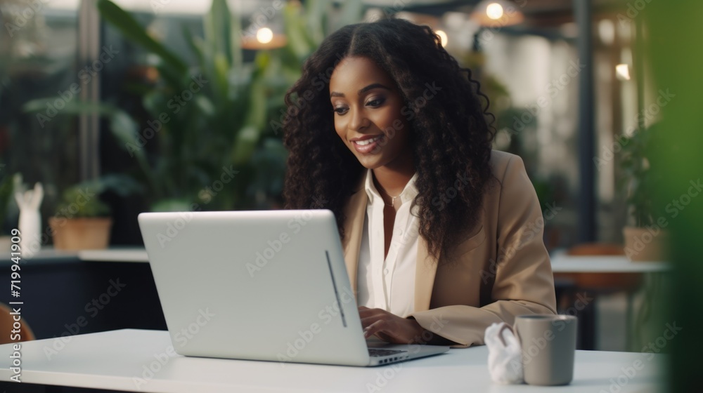 A woman sitting at a table using a laptop computer. Perfect for illustrating work, technology, and remote work concepts A woman sitting at a table using a laptop computer. Perfect for illustrating work, technology, and remote work concepts