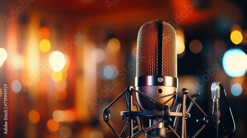 A close-up view of a microphone with vibrant lights in the background. This image can be used to represent live performances, music events, or public speaking engagements.