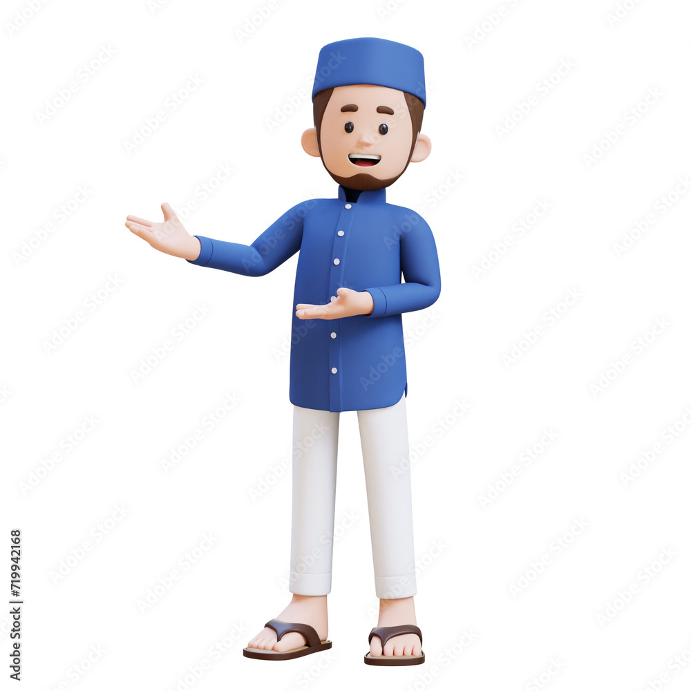 3D Characters of Muslim Man presenting to the right side perfect for banner, web dan marketing material