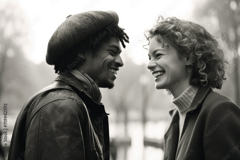 A black and white photo featuring a man and a woman A black and white photo featuring a man and a woman