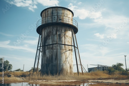 A picture of a water tower with its reflection in the water. This image can be used to depict infrastructure, urban landscapes, or water conservation