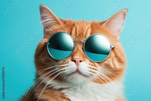A cat wearing sunglasses is pictured against a blue background. This image can be used to convey a cool and stylish vibe