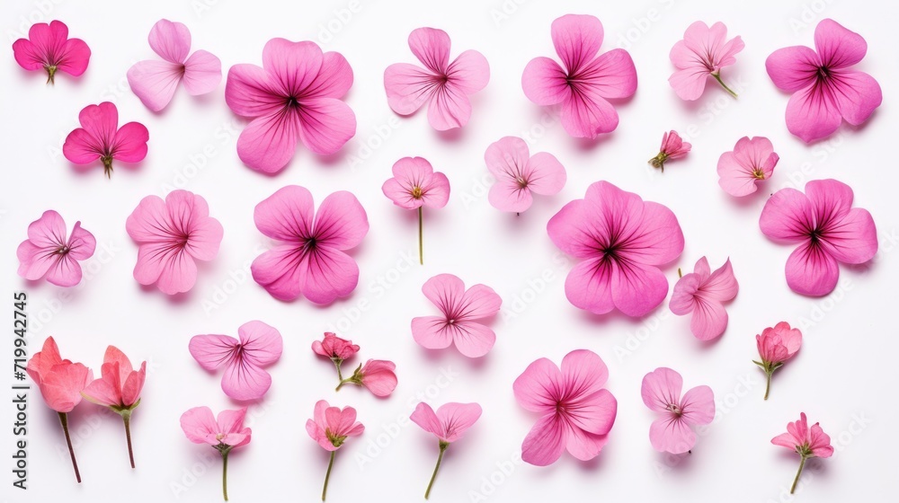Naklejka premium A beautiful bunch of pink flowers displayed on a clean white surface. Perfect for adding a touch of elegance and nature to any design project