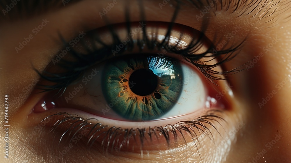 Close-up view of a person's blue eye. Suitable for various uses