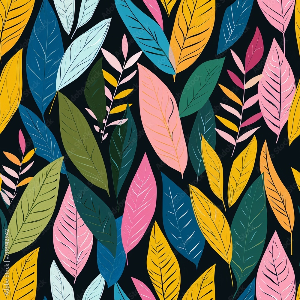 green, pink, yellow and blue bold color leaves on black background green, pink, yellow and blue bold color leaves on black background