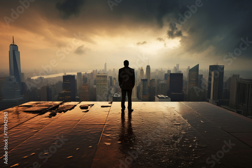 Man Standing on Tall Building, Cityscape in Background