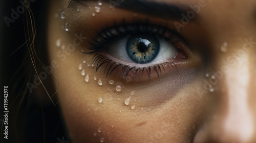 A detailed close-up of a person's eye with small water droplets on the surface. This image can be used to convey emotions, beauty, or concepts related to nature and water