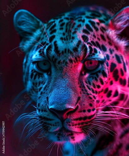 A leopard with paint all over its face, and the colors
