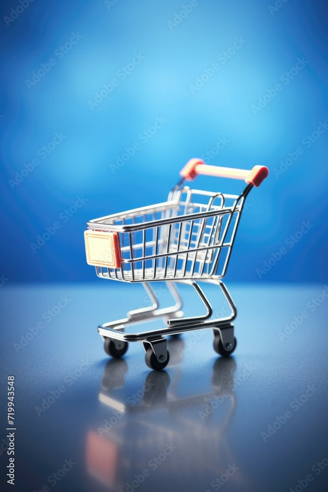 A small shopping cart is placed on top of a table. This image can be used to represent online shopping, e-commerce, or consumerism