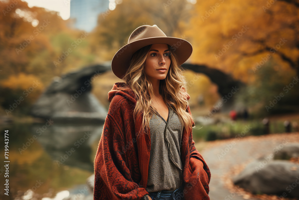 The women, wearing cozy fall fashion, exploring Central Park with golden autumn leaves. Capture the urban oasis of Central Park and the autumnal beauty of New York City.