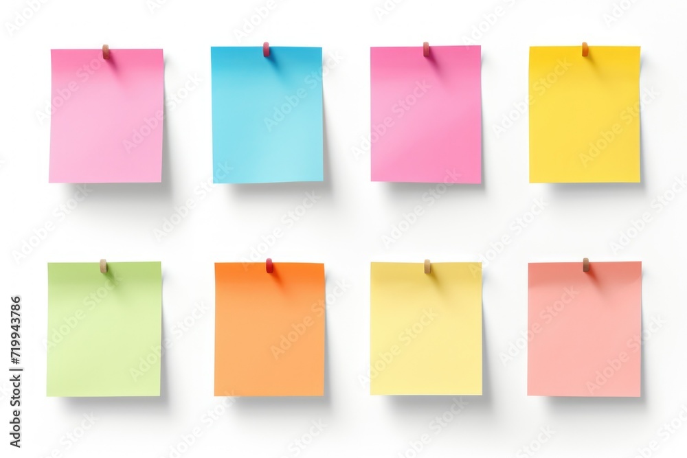 A group of colorful sticky notes pinned to a wall. Versatile image that can be used for office organization, brainstorming, reminders, or project planning