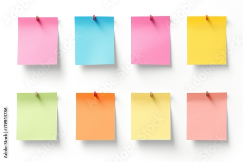A group of colorful sticky notes pinned to a wall. Versatile image that can be used for office organization, brainstorming, reminders, or project planning