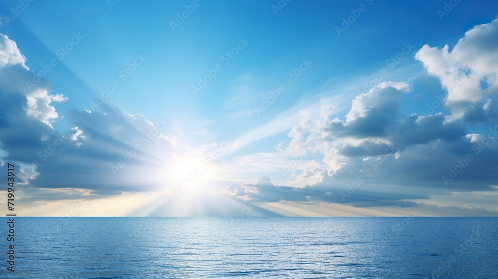 Blue sea and sun, at sunset, at sunrise, clear weather Blue sea and sun, at sunset, at sunrise, clear weather