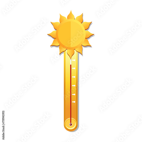 Vector yellow thermometer in hot summer weather conditions. Icon with symbol sun in flat design
