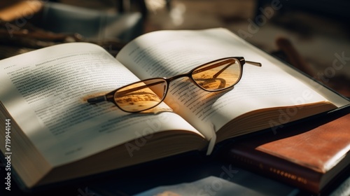 An open book with a pair of glasses on top. Can be used for educational or reading-related concepts