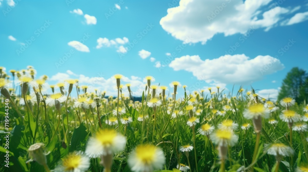 A beautiful field filled with yellow and white flowers under a clear blue sky. Ideal for nature and spring-themed designs