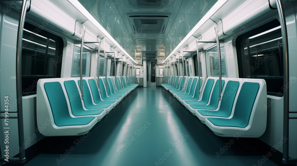 empty subway train with blue seats