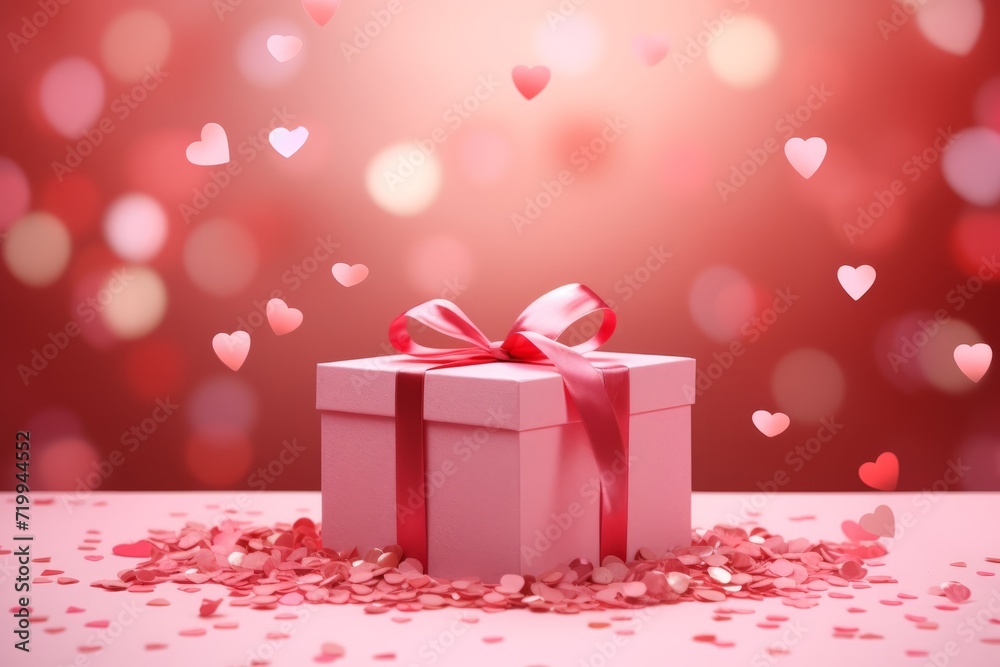 Pink gift box on a pink table strewn with heart-shaped confetti on a blurred pink background. Celebrating Valentine's Day, wedding, anniversary or birthday, love, copy space
