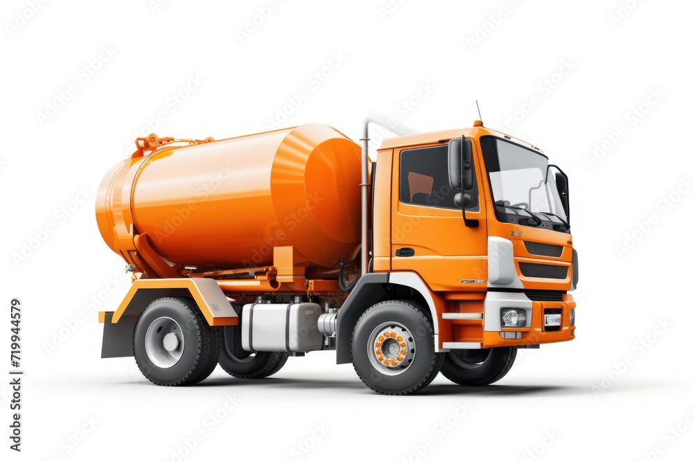 An orange cement truck against a clean white background. Perfect for construction and transportation themes