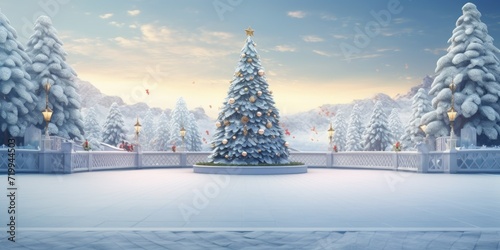 A picture of a Christmas tree standing in the middle of a snowy park. Perfect for holiday-themed designs and winter advertisements