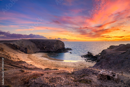 Beautiful sunset over Playa the Papagayo beach on Lanzarote island - Canaries - Spain