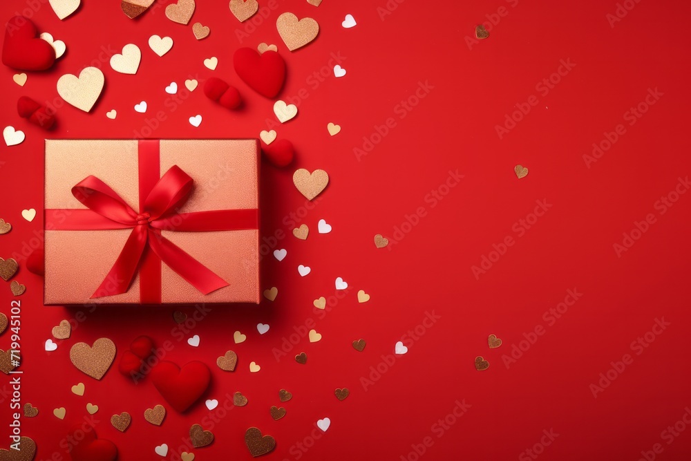 Obraz premium Red gift box on a red table with heart-shaped confetti. Wedding, anniversary or birthday celebration with copy space, flat lay,