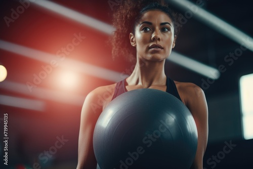 A woman is pictured holding a ball in a gym. This image can be used for fitness or sports-related content © Fotograf