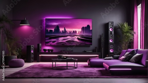 Modern Living Room Illuminated by Ambient Purple Lighting Featuring Luxurious Furniture and High-End Audio Equipment