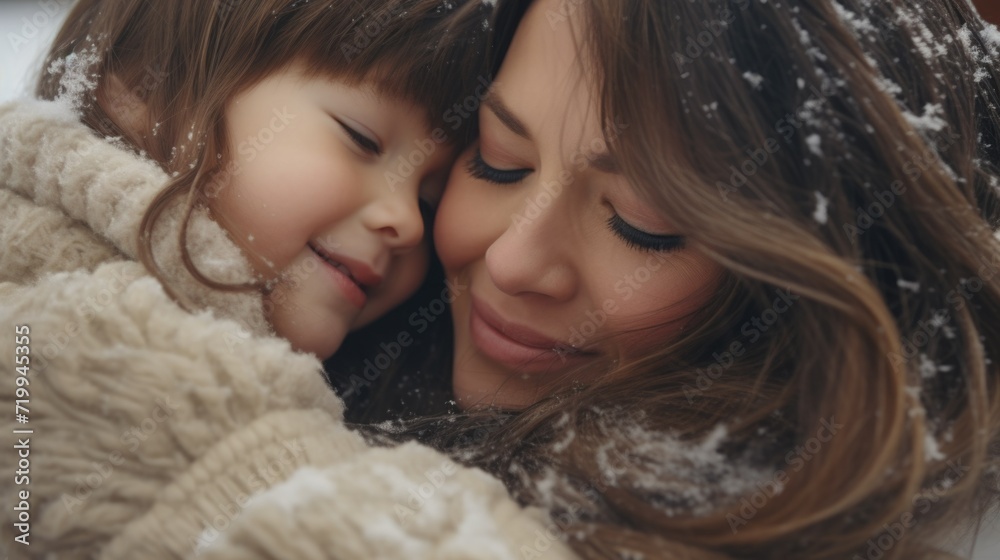 A heartwarming image of a woman gently holding a child in the midst of a snowy landscape. Perfect for capturing the beauty and tenderness of a winter moment. A heartwarming image of a woman gently holding a child in the midst of a snowy landscape. Perfect for capturing the beauty and tenderness of a winter moment.