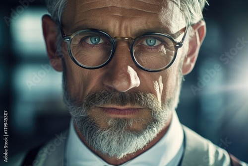 A close-up view of a man wearing glasses and a tie. Suitable for business or professional concepts