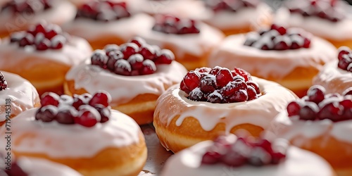 Donuts with cranberries and icing sugar on a black plate.