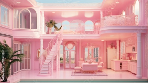 A pink room with a pool and a staircase. Can be used for interior design concepts or real estate listings