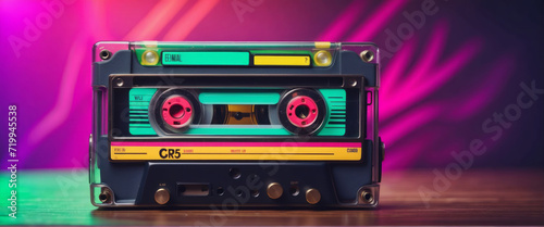 Retro music casette with retro colors eighties and nineties style, cassette tape, mix tape retro cassette design, Music vintage audio theme, Synthwave and vaporwave template. Grainy nostalgia style photo