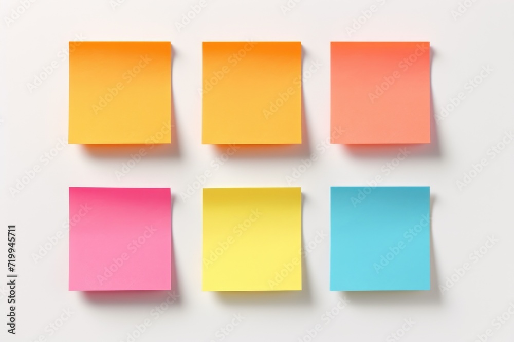A collection of colorful sticky notes arranged neatly on a clean white surface. Perfect for organizing tasks and jotting down important reminders. Ideal for office or educational concepts
