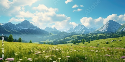 A scenic picture of a grassy field with vibrant wildflowers and majestic mountains in the background. Perfect for nature enthusiasts or travel-related projects