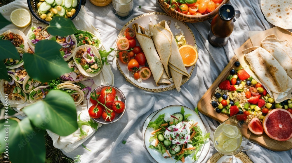 an outdoor picnic spread with a selection of plant-based meals, surrounded by nature Fresh fruits, vegetable wraps, and grain salads, sunny day, greenery around Created Using picnic