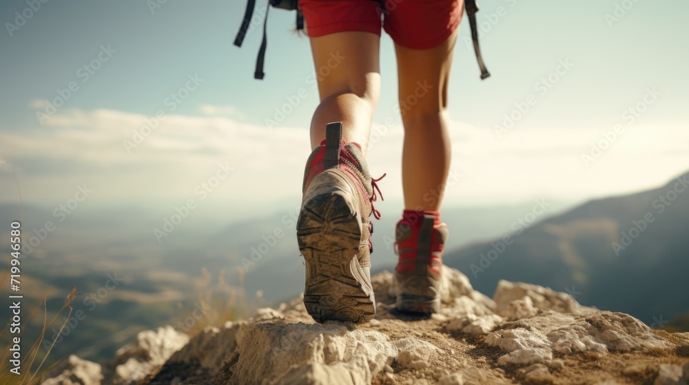 A person standing on top of a rock with a backpack. Perfect for adventure and hiking themes A person standing on top of a rock with a backpack. Perfect for adventure and hiking themes