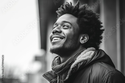 A black and white photo capturing a man with a genuine smile. Versatile image suitable for various purposes