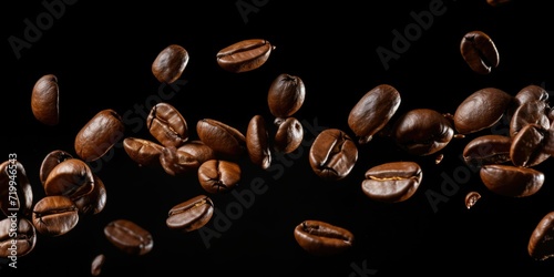 A captivating image of coffee beans suspended in mid-air. Perfect for coffee enthusiasts or coffee shop promotions