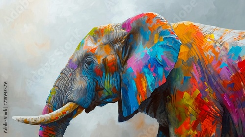 Elephant head with creative colorful floral and spalsh elements on white background