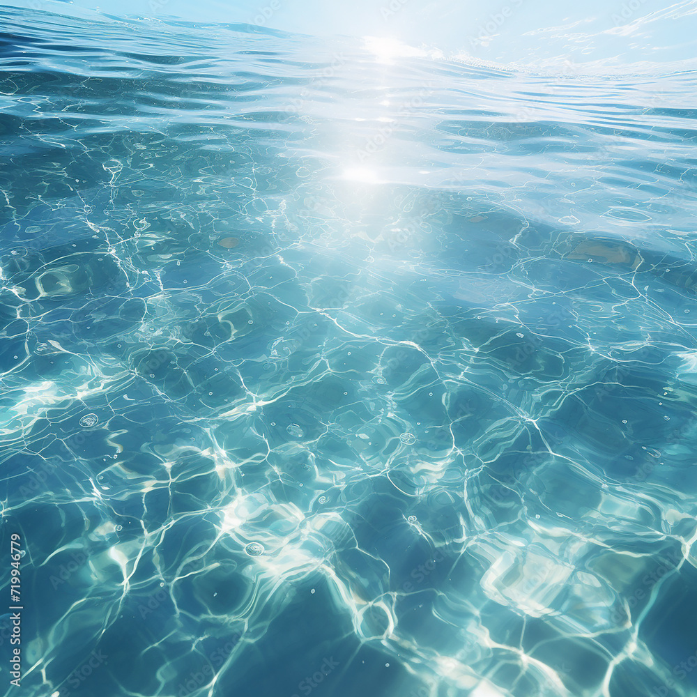 Blue sea water surface with sunbeams and lens flare effect.