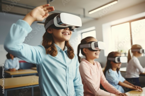 People wearing virtual reality headsets in a classroom. Suitable for educational purposes and technology-related projects