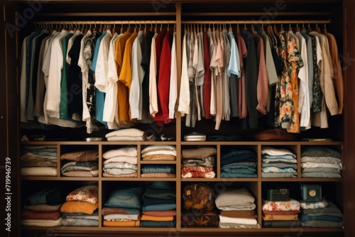 A vibrant collection of various colored shirts neatly organized in a closet. Perfect for fashion enthusiasts and clothing stores